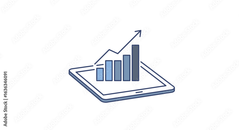 Poster digital tablet displaying a rising bar graph and upward trend line symbolizing business growth and f