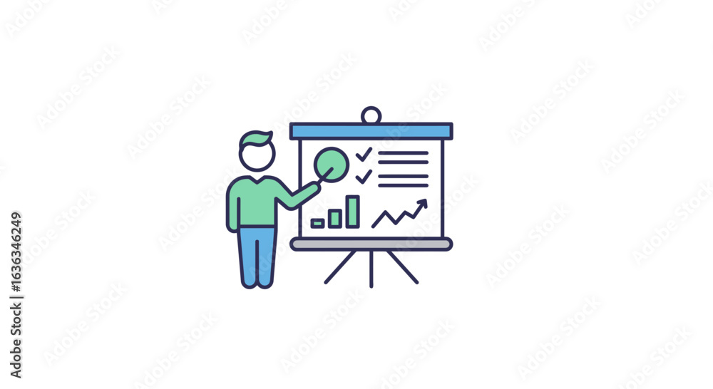 Poster a stylized icon of a person presenting a whiteboard with charts and graphs indicating business growt