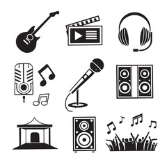 Collection of hand drawn musical instruments and audio equipment icons representing music and entertainment industry concepts