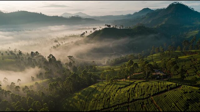 Drone aerial view of green mountain plantations including coffee fields with morning mist and sunlight
