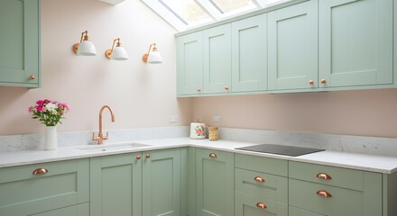 Modern sage green kitchen with copper accents and marble countertops