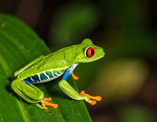 Fototapeta premium A vibrant red-eyed tree frog with bright green skin, blue and yellow flanks, and orange toes sits perched on a lush green leaf in its tropical habitat.