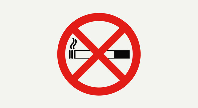 A clear and universally recognized no smoking symbol indicating a prohibition against smoking in this area featuring a red circle with a diagonal line over a lit cigarette with smoke