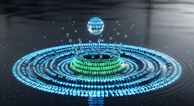 The ripple effect of data, a conceptual image of a raindrop splash transforming into expanding rings of glowing binary code.