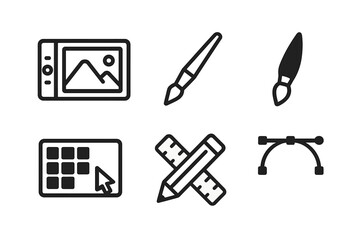 Creative design tools displayed on a digital screen with various art supplies in a modern workspace