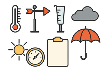Weather symbols and icons representing various atmospheric conditions and measurements such as temperature, wind, precipitation, and sunlight
