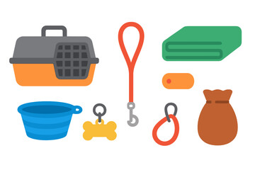 Pet care essentials including carrier, leash, food bowl, and accessories for travel and outdoor activities
