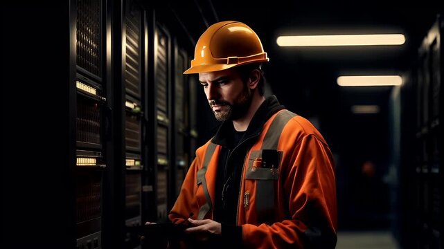 A man in an orange safety suit and hard hat stands in a server room. He is intently focused on a device in his hands. The server room is filled with rows of servers.