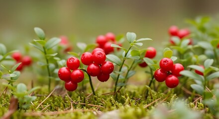 Close-up of Ripe Red Lingonberries on Mossy Forest Floor