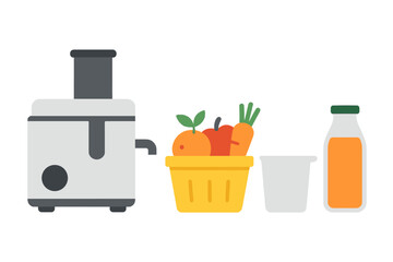 Fresh juice preparation with a juicer and assorted fruits and vegetables displayed on a clean countertop