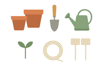 Gardening tools and supplies including pots, trowel, watering can, seedlings, string, and plant markers set against a white background