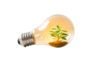 Illuminated light bulb with growing plant inside representing environmental innovation and green technology solutions, isolated on a transparent background