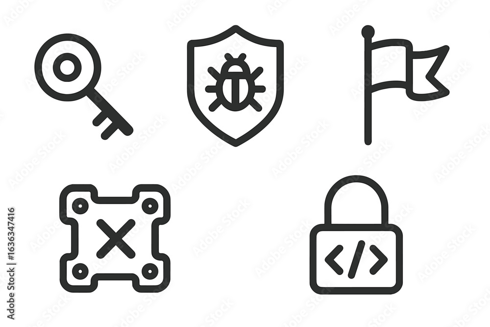 Poster collection of essential security icons for digital applications displayed on a clean background