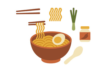 Warm bowls of noodle soup with egg, green onions, and seasoning at an inviting kitchen table