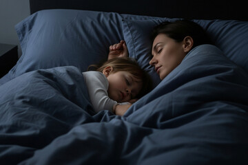 Serene Embrace: Mother and Child Sleeping Peacefully in a Dark, Cozy Blue Bed