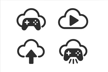 Set of four icons depicting activities related to cloud gaming and streaming