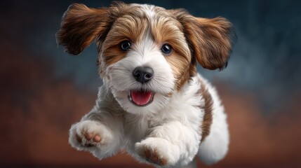 Fototapeta premium Playful Puppy Jumping with Joy Outdoor Park High-Quality Photo Bright Day Close-up Adorable Pet Moments