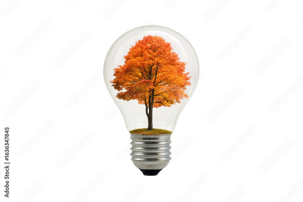 Poster light bulb featuring large orange fall tree with dense canopy and earthy base, isolated on a transpa