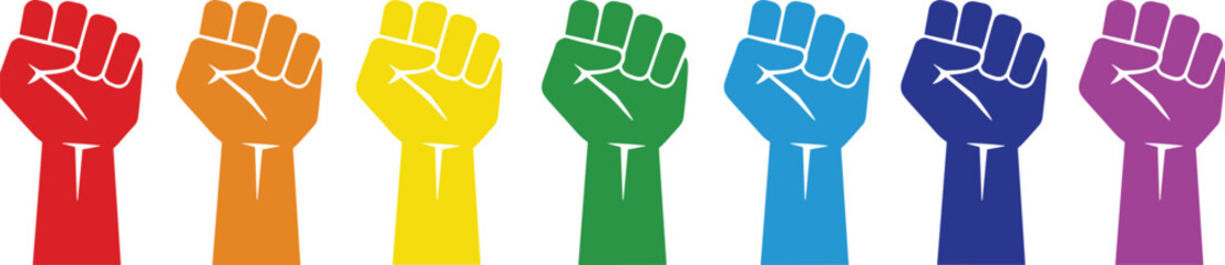 Raised fists in rainbow colors, symbolizing unity, strength, solidarity, LGBTQ pride, diversity, equality, activism, support, resistance, empowerment, protest, inclusion, freedom, human rights
