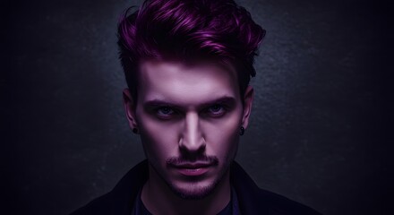 Bold fashion portrait of a man with deep purple hair, artistic lighting, and a dark textured background.