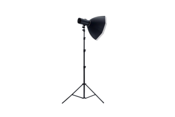Studio photography lighting equipment with large black reflector dish and adjustable height tripod for professional shoots, isolated on a transparent background
