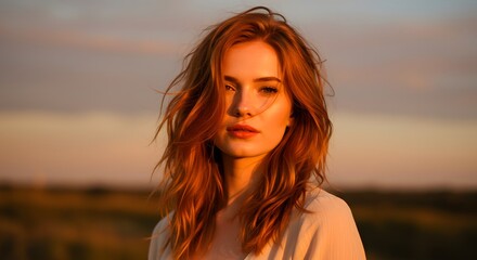 Outdoor editorial portrait of a woman with sunset orange hair, golden hour sunlight illuminating her face.