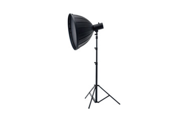 Large professional photography softbox light with black exterior mounted on height-adjustable tripod stand for studio work, isolated on a transparent background
