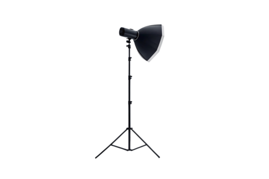 Studio photography lighting equipment with large black reflector dish and adjustable height tripod for professional shoots, isolated on a transparent background