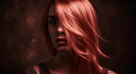 Moody editorial shot of a woman with metallic rose gold hair, soft shadows and deep contrast lighting.