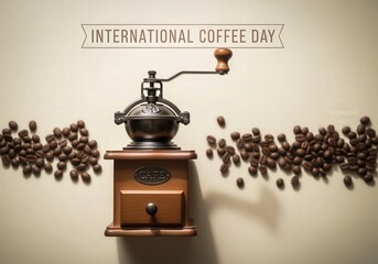 Vintage coffee grinder with beans on International Coffee Day celebration
