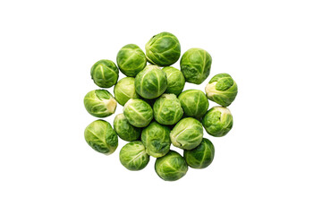 Pile of fresh Brussels sprouts arranged in circular cluster displaying vibrant green leaves and natural vegetable freshness, isolated on a transparent background