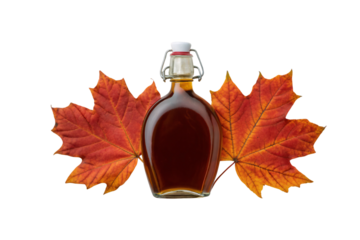 Dark maple syrup in swing-top bottle surrounded by vibrant orange autumn maple leaves, isolated on a transparent background