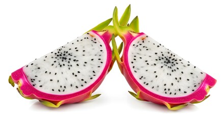 Halved dragon fruit on a white background, vibrant colors and clean composition