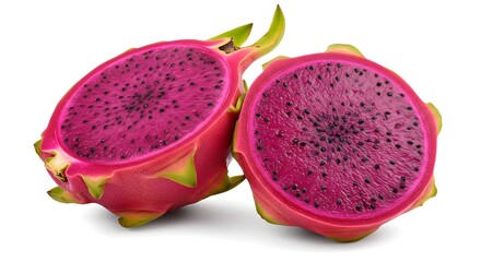 Halved dragon fruit on a white background, vibrant colors and clean composition