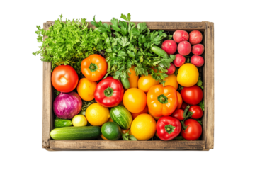 Colorful assortment of vegetables and fruits fills wooden crate; product staging, branding, posters.