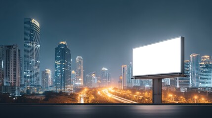 Obraz premium Urban Night Scene with Blank Billboard Surrounded by Skyscrapers