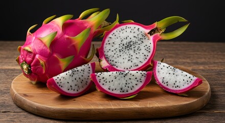 Whole and sliced dragon fruit on a rustic wooden board, natural light