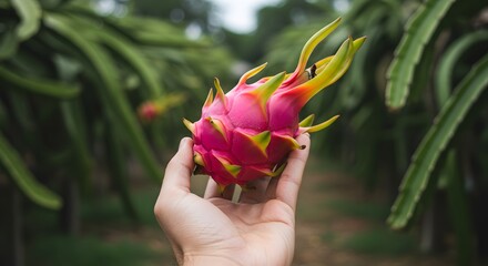 Hand holding dragon fruit with blurred tropical garden in the background