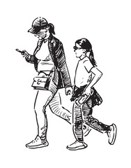 Casual modern woman with little daughter walking outdoors together, city pedestrians, vector realistic sketch, white background