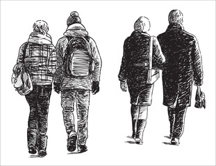 Casual city pedestrians, couples city dwellers walking along street away, silhouettes, hand drawing, vector