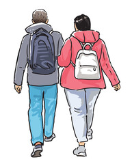 Couple casual citizens with backpacks, tourists pair walking outdoors, back view, realistic vector illustration