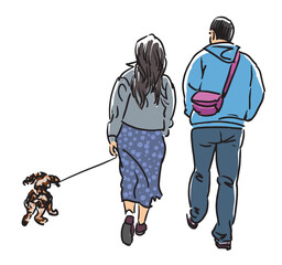 Couple casual city people walking with dog outdoors, back view, hand drawn vector illustration
