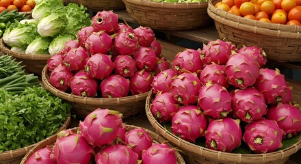 Market stall with fresh dragon fruits in baskets, organic produce scene