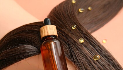 Hair Serum Bottle with Wooden Cap and Capsules on Dark Brown Hair