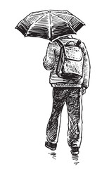 One man casual urban pedestrian under umbrella walking outdoors in rain, back view, sketch, black and white vector illustration