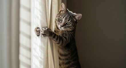 Grey Tabby Cat Perched Halfway Up a Window Curtain with Striped Light
