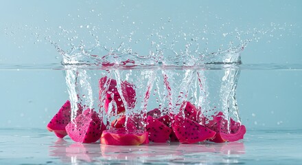 Creative splash shot of dragon fruit pieces falling into water