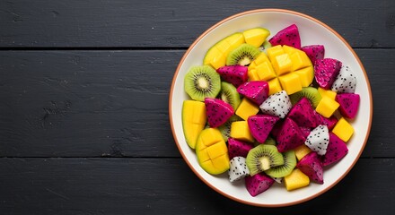 Top view of dragon fruit salad with kiwi and mango, tropical color palette