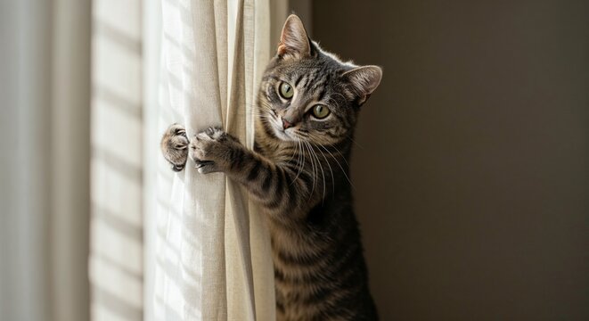 Grey Tabby Cat Perched Halfway Up a Window Curtain with Striped Light