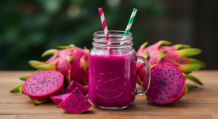 Dragon fruit smoothie in a mason jar with striped straw, summer vibe